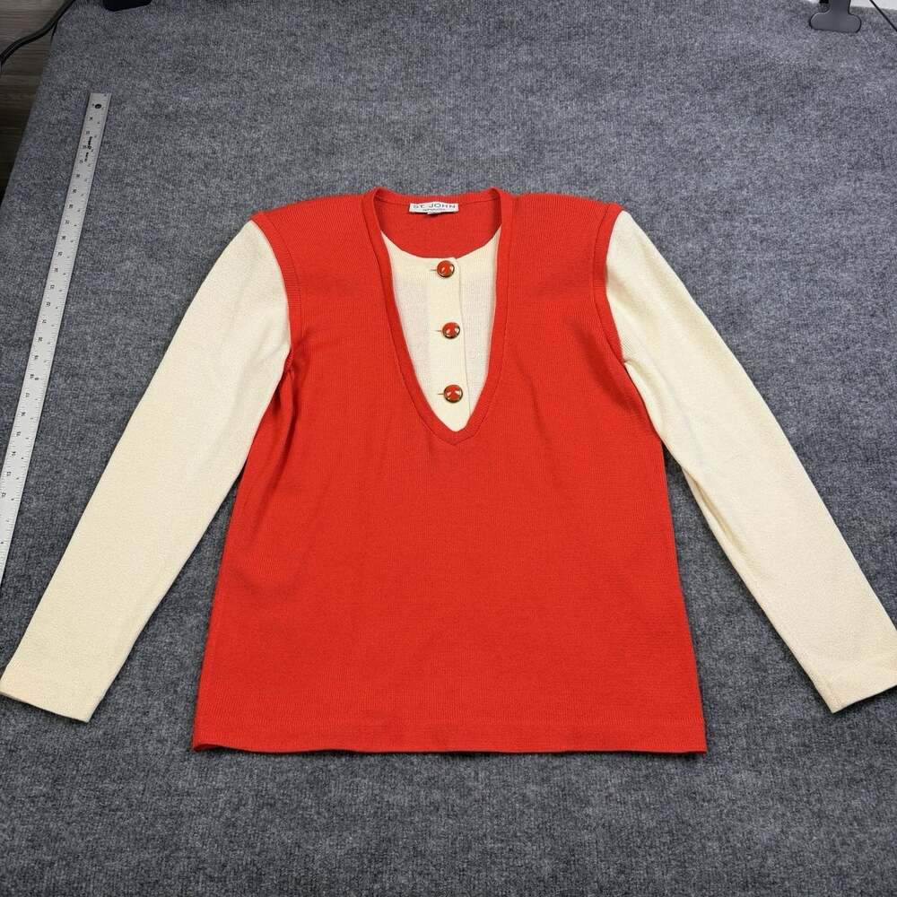 Vintage St John Knits Designer Luxury Red Cream Layered Look Sweater Sz Medium